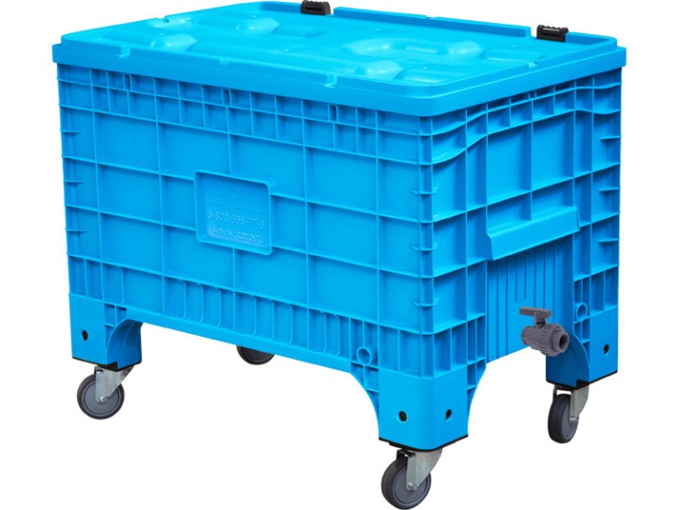 Контейнер 1017х636х793 сплошной, на колёсах, с крышкой на петлях, с КШ 1 внешняя резьба цв. сини купить в Кемерово Контейнер 1017х636х793 сплошной, на колёсах, с крышкой на петлях, с КШ 1 внешняя резьба цв. сини купить в Кемерово