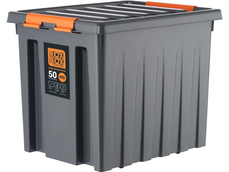 Контейнер особопрочный Rox Box PRO 50 (500х390х390 мм с крышкой и клипсами, на роликах, антрацит) купить в Кемерово